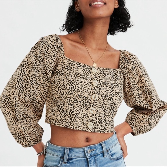 American Eagle Square Neck Button Peasant Top - Picture 1 of 4
